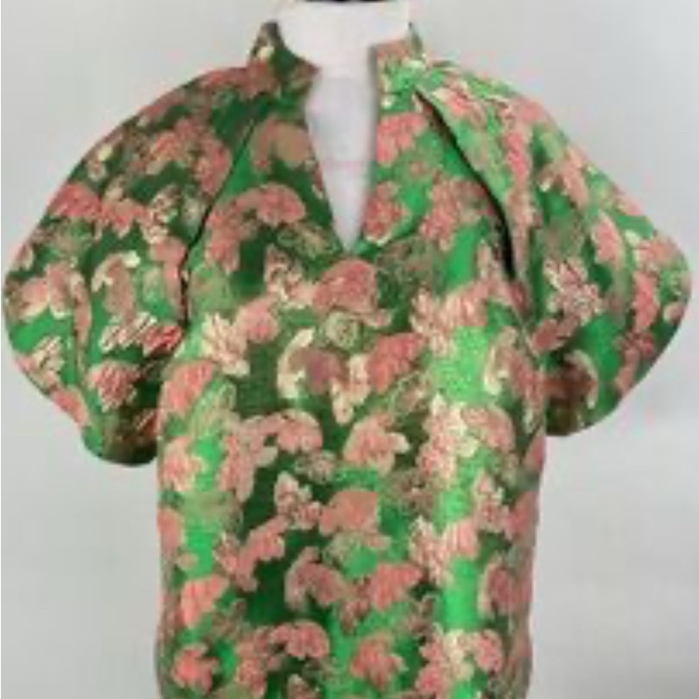 Umgee Shimmering Green and Pink Floral Blouse